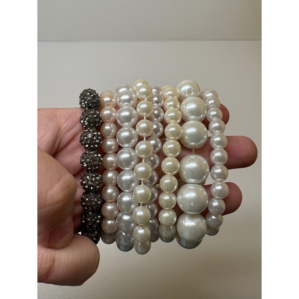8pc Faux Pearl and Crystal Stretch Bracelet Set White Cream Gunmetal Logo Charm